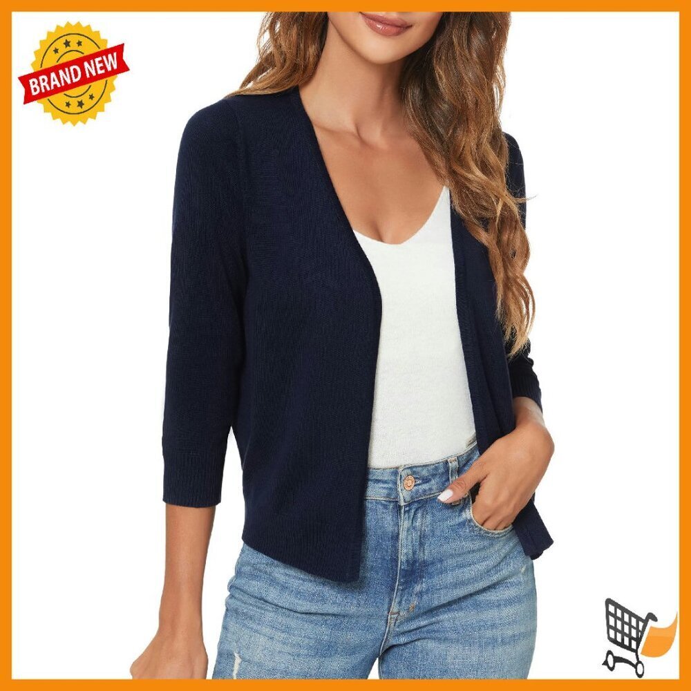 3/4 Sleeve Open Front Cropped Sweater Cardigan, Viscose Blend